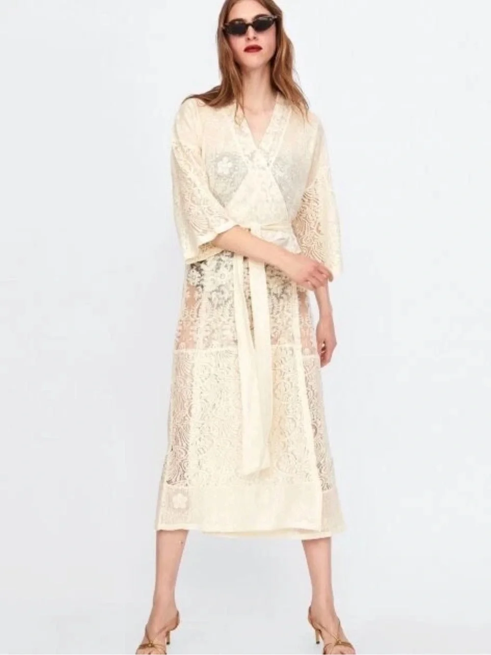 ZARA Cream Lace Kimono Duster Flowing Wrap Dress Cover-Up Beach Vacation Boho M